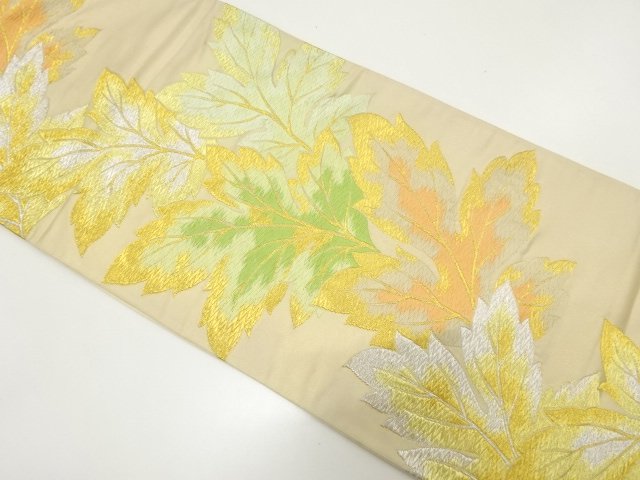 JAPANESE KIMONO / ANTIQUE GRASS LEAF PATTERN WOVEN FUKURO OBI (MATERIA